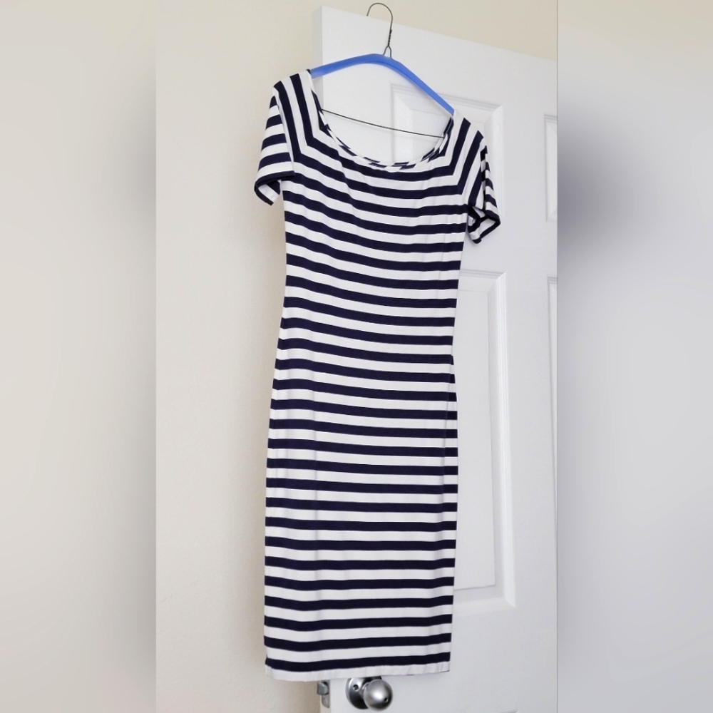 Bebe Modal Off The Shoulder Boatneck Midi Dress In Navy Stripe, Size XS
